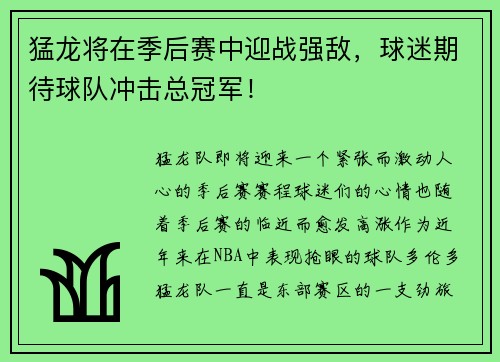 猛龙将在季后赛中迎战强敌，球迷期待球队冲击总冠军！