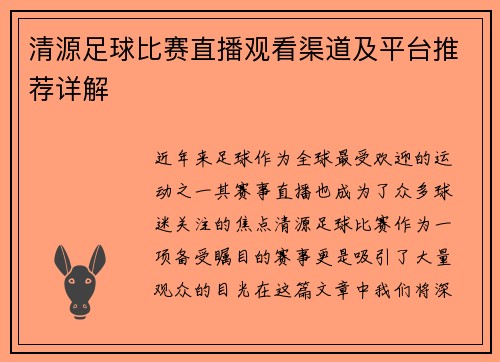 清源足球比赛直播观看渠道及平台推荐详解